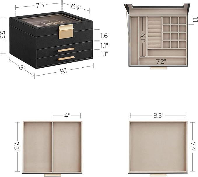 SONGMICS Jewelry Box Organizer with Glass Lid, 3-Layer Jewelry Storage, with 2 Drawers, Modern Style, Christmas Gift, 8 x 9.1 x 5.3 Inches, Graphite Black and Gold Color UJBC239B03