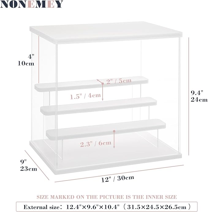 NONEMEY Clear Acrylic Display Case with Light ,3/4/5/6 Tier Multiple Color Lights via Remote Control Dustproof Display Box for Collectibles Figures Mini Toys (4Tier 12.4*9.6*10.4inch)