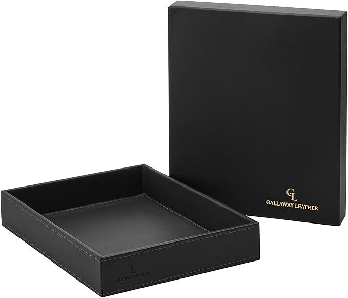 GALLAWAY LEATHER Valet Tray for Men - Nightstand Organizer EDC Tray for Wallet and Keys - Dresser Leather Catchall Dump Key Tray - Bedside Table Tray Organizer Key Bowl for Entryway Table (Black)