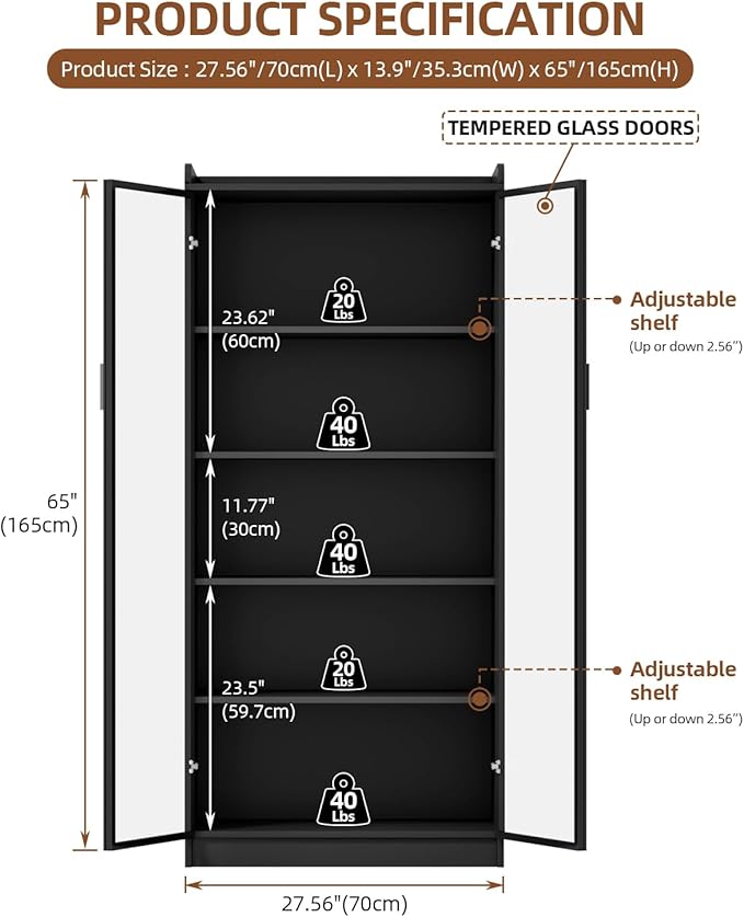 Display Cabinet with Glass Doors and Shelves, 65" Tall Curio Cabinet with LED Lights/Human Sensor, 5 Tier Display Case for Collectibles Bedroom Living Room Office, Black