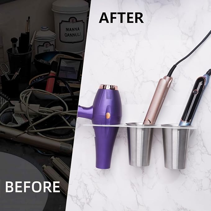 Hair Tool Organizer, Hair Dryer Holder wtih 2 Cups, Hot Tool Organizer Wall Mount for Bathroom Hair Dryer and Straightener for Styling Accessories, Flat Iron, Blow Dryer PTALSEAW
