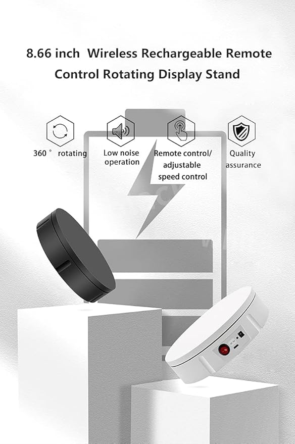JAYEGT Motorized Rotating Display Stand,220 Lbs Load, 360 Degree Electric Rotating Turntable for Photography Products Display,Show,Remote Control Angle, Speed (White/8.66Inch / Rechargeable/Adapter)