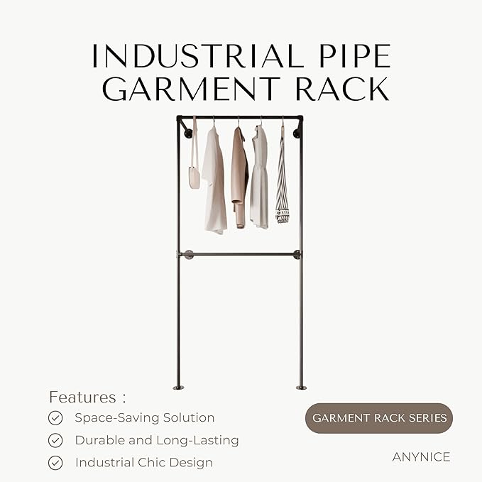 Industrial Pipe Clothing Rack, Heavy Duty Wall Mounted Clothes Rack,Retail Display Hanging Garment Rod for Laundry Room, Closet Storage - 14.6x37.4x82.7 Inches, Model K01