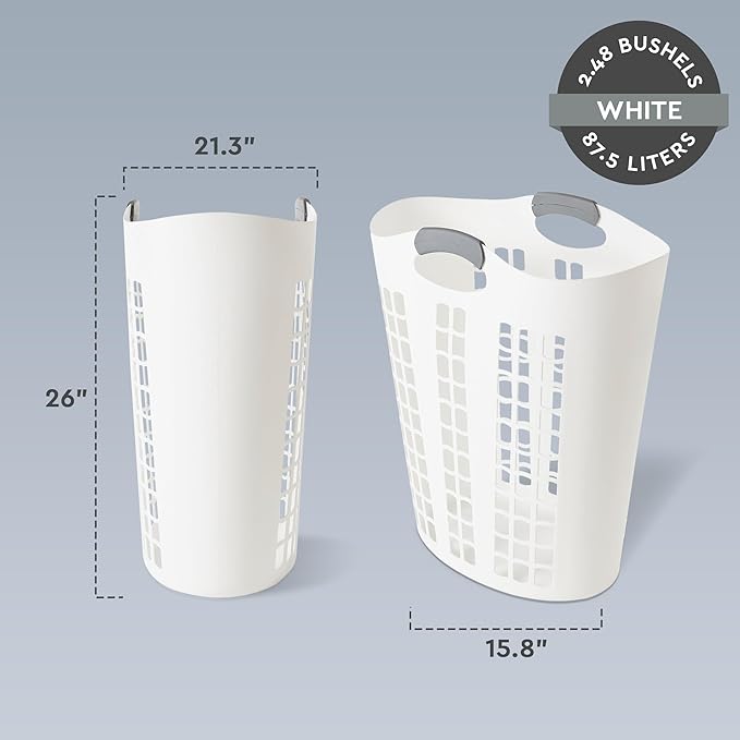 Gracious Living Easy Carry Flex Hamper, Large 87.5 Liter Lightweight Plastic Ventilated Laundry Basket Clothes Bin with Handles, White 3 Pack