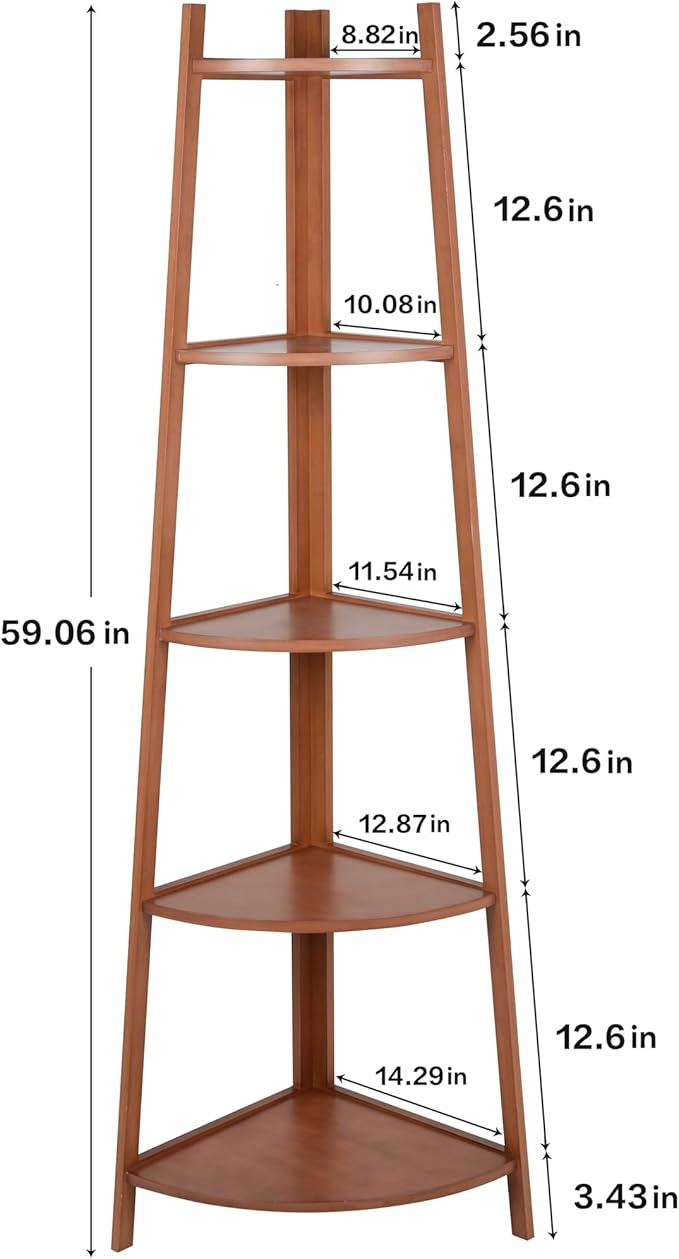 5-Tier Corner Shelf Stand, Tall Wood Shelf, Bookshelf for Living Room, Bedroom, Office, Plant Display, Rustic Brown Freestanding Triangle Storage Rack