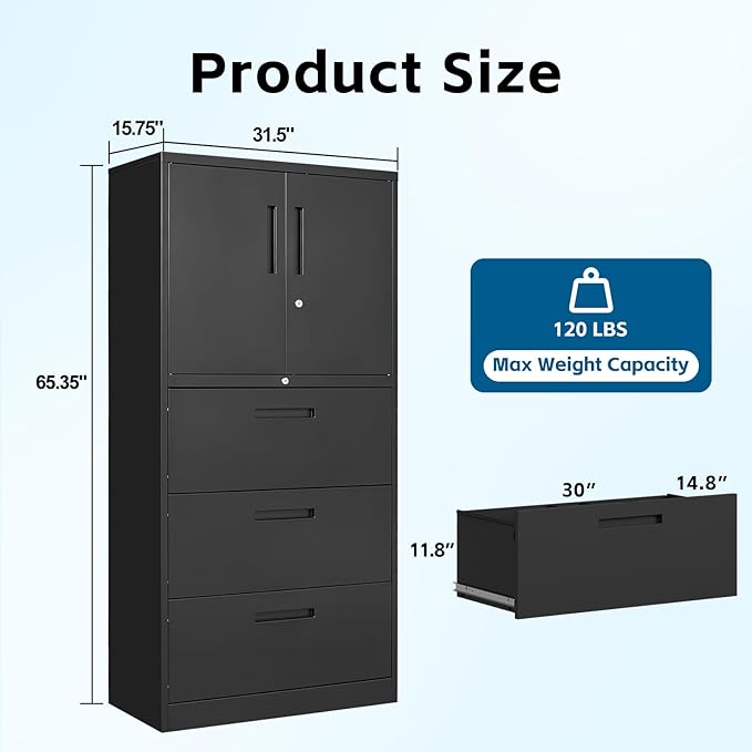 3-Drawer Metal File Cabinet, Lateral Vertical Filing Cabinets for Home Office, Locking File Cabinets with Storage Shelves, Legal/Letter/A4 Size Office File Cabinet (Black, Assemble Required)