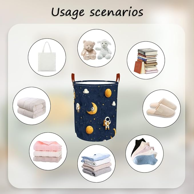 Laundry Baskets 15.7x19.7 Inch Large Astronaut Moon Star Space Design Collapsible Laundry Hamper with Handles Oxford Fabric Clothes Storage Bin Foldable Dirty Clothes for Bedroom Bathroom Dorm