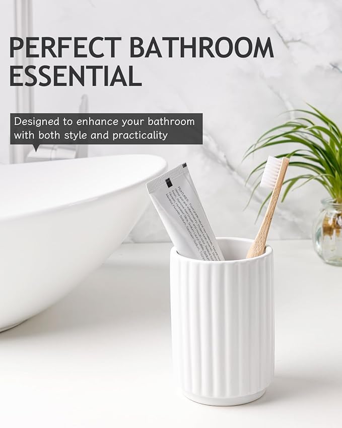 Toothbrush Holder, Tooth Brush Holder for Bathroom - Ceramic Toothbrush Cup Toothbrush Holders Countertop, Stripe Design Makeup Brush Holder Pen Holder, ANTIS'S HOME (White)
