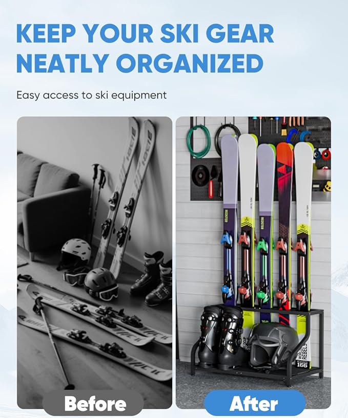 Ski Storage Rack for Garage — Freestanding Ski Holder for 5 Pair Skis, Helmet, Goggles, gloves, Indoor Snowboard Rack Organizer Stand for Home, Shed, Basement, Black