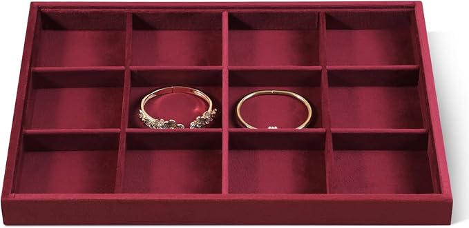 Velvet Stackable Jewelry Display Tray, 12 Grid Watch Bangle Bracelet Storage Tray, Makeup Drawer Insert Jewelry Shop Organizer Plate (Red)