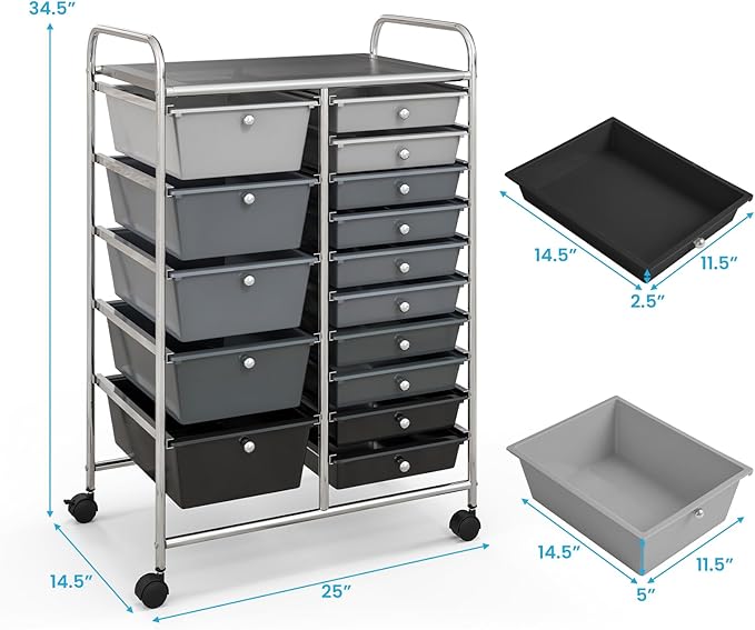Giantex 15 Drawers Rolling Cart, Classroom Organizers, Storage Cart with Wheels, for Teacher Office Home School Supplies Tool Craft Art Paper