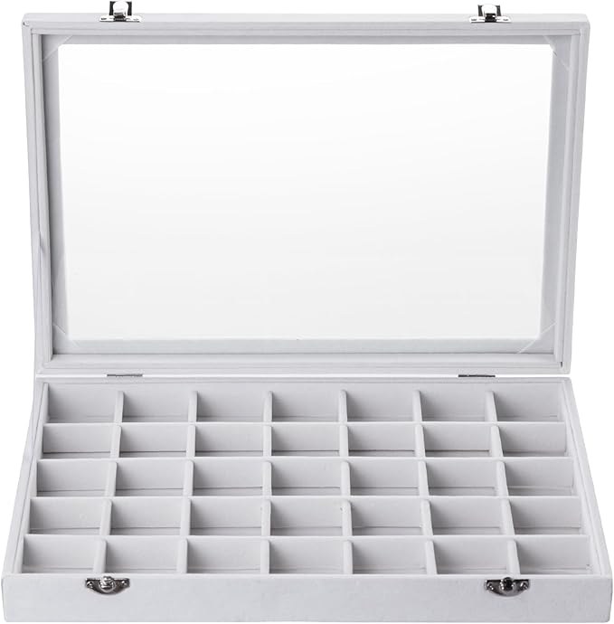 Frebeauty Velvet Jewelry Tray,35 Grid Jewelry Organizer with Clear Lid,Earring Holder Organizer Case with Clasp,Drawer Insert for Rings Studs,13.8 x 9.5 x 2 Inches,Gift for Women Girls(White)