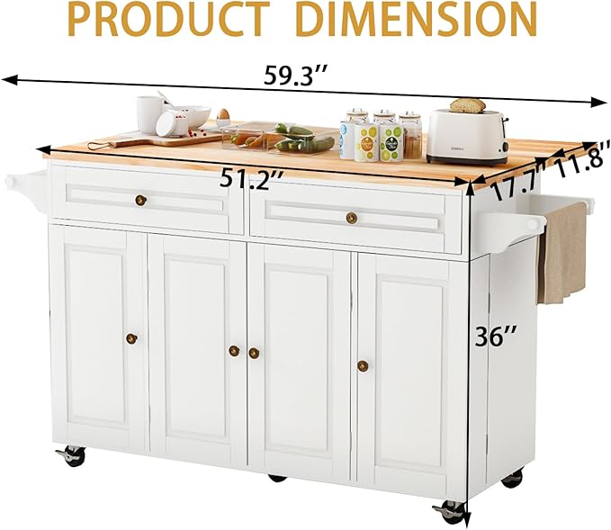 59’’ Rolling Kitchen Island Cart with Drop Leaf and Power Outlet, Movable Kitchen Islands with 3-Tier Door Storage Shelf, Island Table on Wheels, 2 Large Drawers, Towel Racks, White