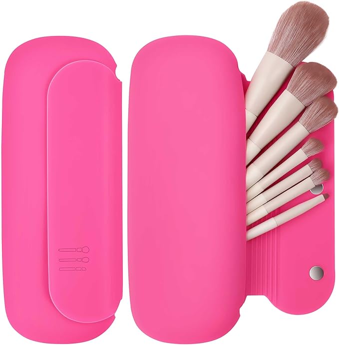 Silicone Travel Makeup Brush Holder for Women with Magnetic Closure and Built-in Brush Cleaner, Washable Cosmetic Organizer, Gift-Ready Pouch, Rose Red