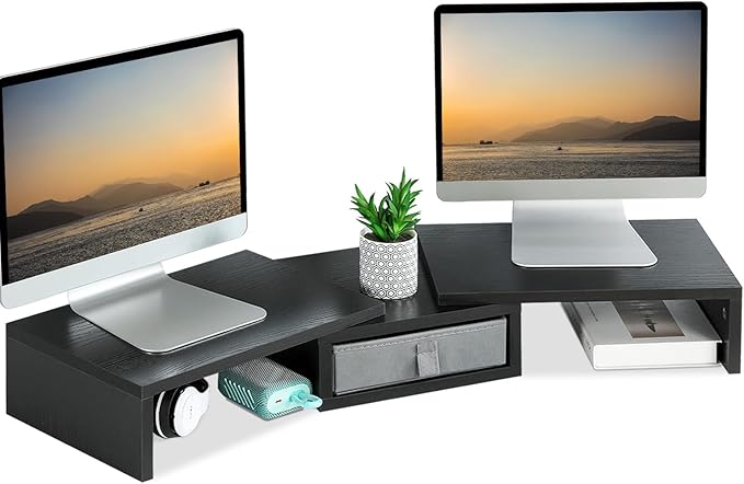 TEAMIX Dual Monitor Stand Riser with Drawer - Length and Angle Adjustable Double Monitor Riser Corner Desk Shelf Organizer 37 inch Long Monitor Riser for 2 Monitors/Laptop/PC/Screen/TV