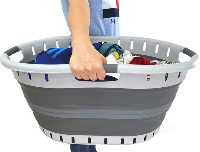 SAMMART 57L (15 Gallons) Collapsible 3-Handled Plastic Laundry Basket - Oval Tub - Portable Washing Tub - Pop up Laundry Hamper (1 pc - Oval, Dark Grey)