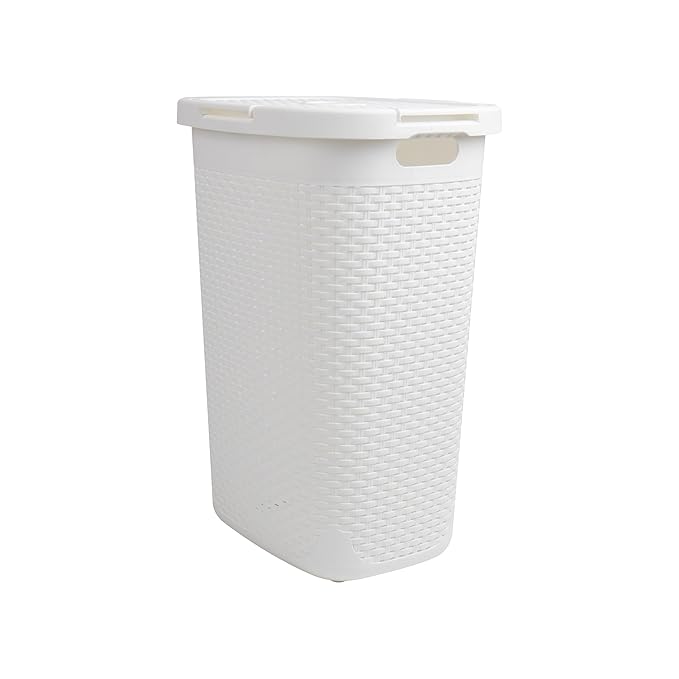 Mind Reader Slim Laundry Hamper with Lid, 60L Clothes Basket, Premium Wicker Design, Plastic, White