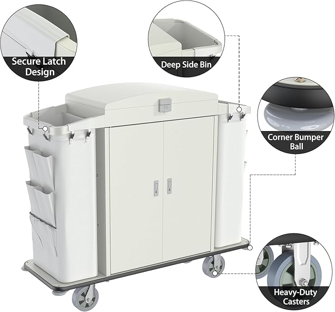 Heavy Duty Metal Housekeeping Janitorial Cart,Silent Casters,Locking Large Capacity Cabinets,Cleaning cart for Housekeeping/Commercial Facility/Hotel/Stadium/School(White)