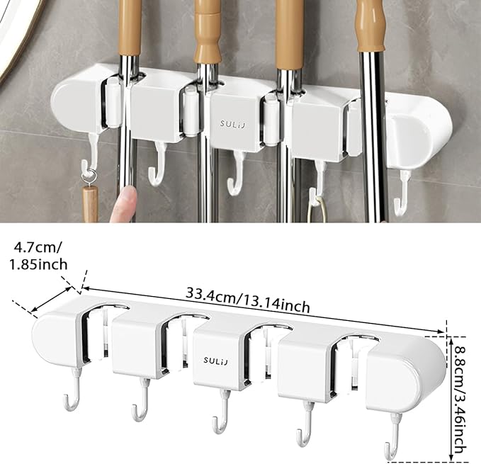 3PCS Broom Holder Wall Mount, No-Drilling Self-Adhesive Mop and Broom Storage Rack (4 Racks with 5 Hooks),Wall-Mounted Broom Hanger for Bathroom, Kitchen, Closet, Garage, White