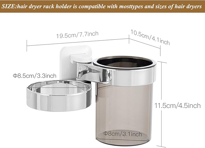Hair Dryer Holder, Bathroom Blow Dryer Organizer with Storage Tray, Hair Care Tools Holder Wall Mount - Extra Large Rim (Silver+White, L 7.7”×W 4.1”×H 4.3”)