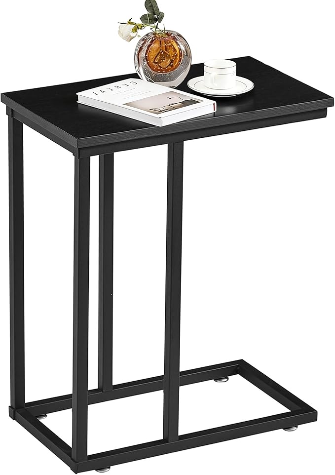VECELO C Shaped End Side Table for Sofa Couch and Bed Snack TV Tray for Living Room Bedroom, 1 PCS,Black