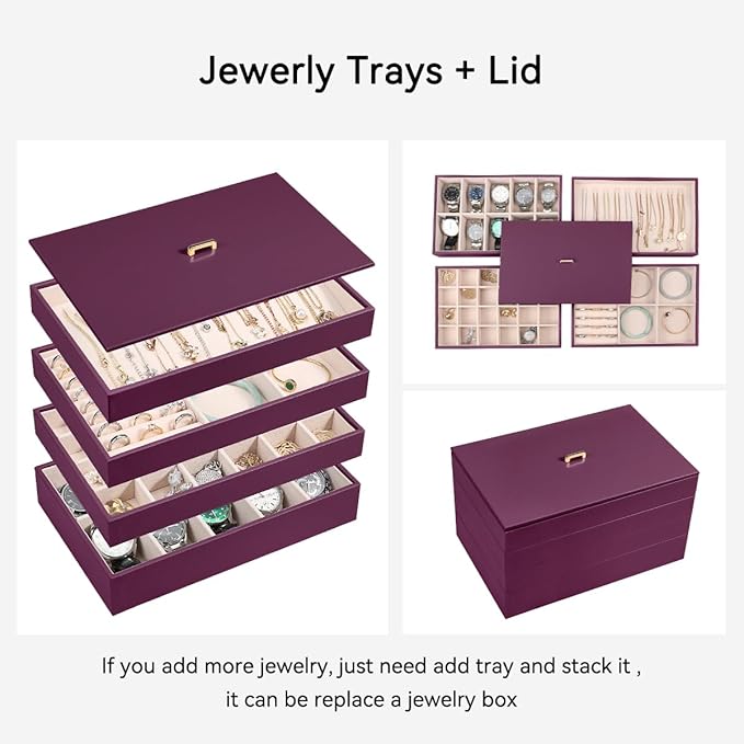 Voova Stackable Jewelry Organizer Tray with Lid, PU Leather Jewelry Storage Holder for Drawer Inserts, Jewellery Display Box Case for Earring Necklace Ring Watch Bracelet (Set of 4, Purple)