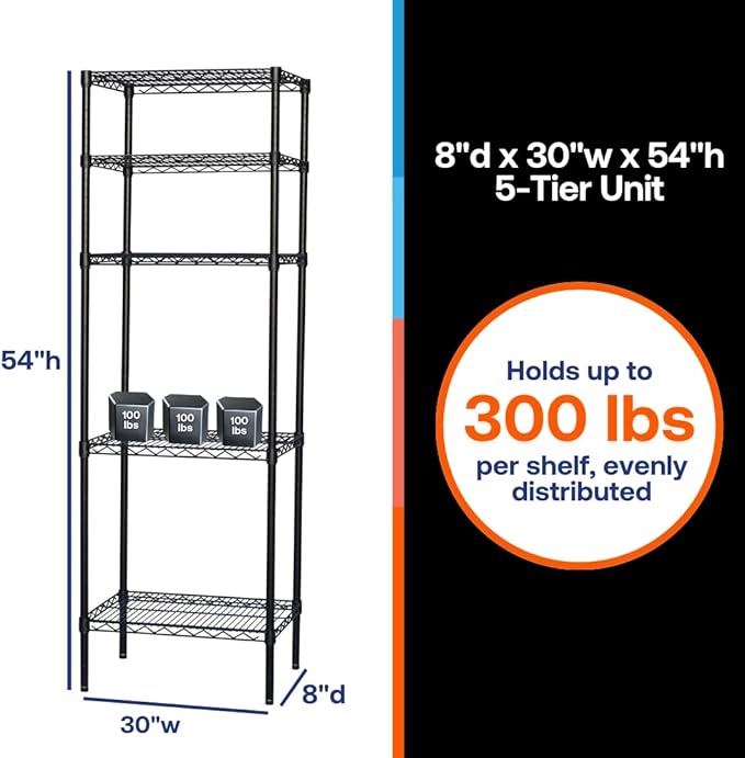 Shelving Inc. 8" d x 30" w x 54" h Black Wire Shelving with 5 Tier Shelves, Weight Capacity 300lbs Per Shelf