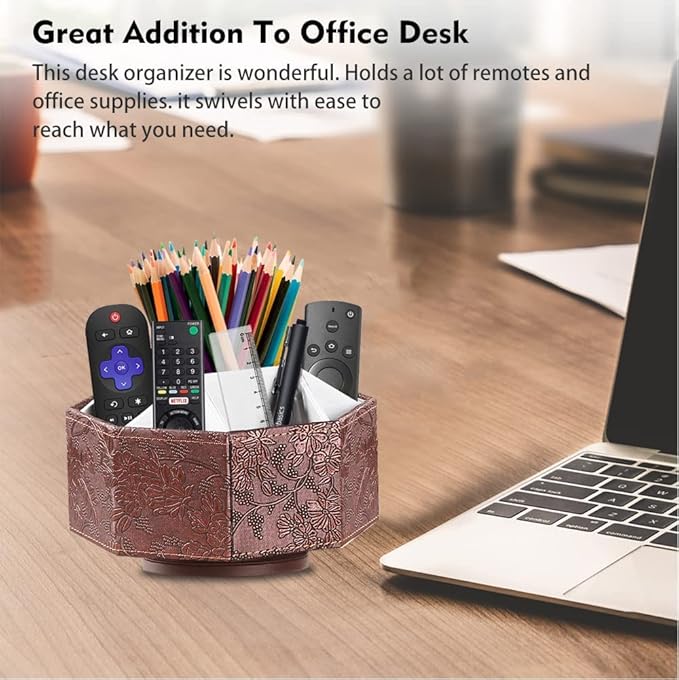 PU Leather Remote Control Holder,360 Degree Spinning TV Remote Caddy,9 Grids Desk Organizers and Accessories for Storage Controller,Calculator,Mail,Media,Pen,Phone etc (Antique)