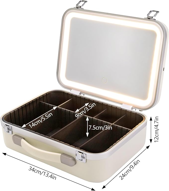 White Rectangular Makeup Case with Mirror, Travel Makeup Bag with Adjustable LED Light in 3 Colors, Portable Train Suitcase for All Kinds of Cosmetics