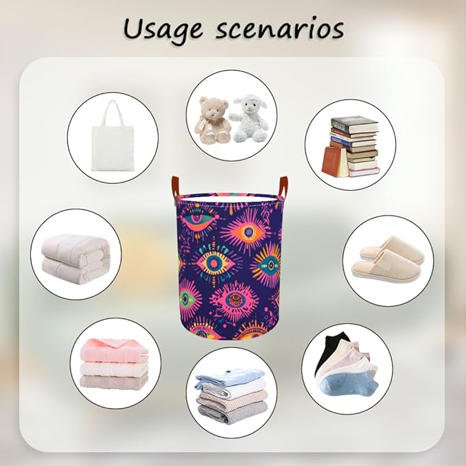 Laundry Baskets 15.7x19.7 Inch Large Colorful Eye Pattern Collapsible Laundry Hamper with Handles Oxford Fabric Clothes Storage Bin Foldable Dirty Clothes Organizer for Bedroom Bathroom Dorm