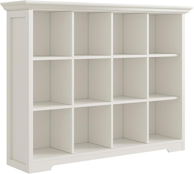 Wooden Cube Bookcase with Base - Modern 3 Tiers Floor Standing Open Shelf Cabinet for Home and Office, 12-Cube Lattice Bookshelf, Warm White