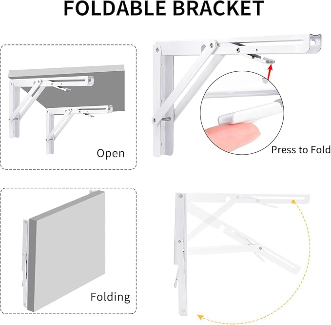 YUMORE Folding Shelf Brackets, 16 Inch Heavy Duty Collapsible Shelf Bracket, White DIY L Bracket for Workbench Folding Table Hinge, Max Load: 330lb, Pack of 2