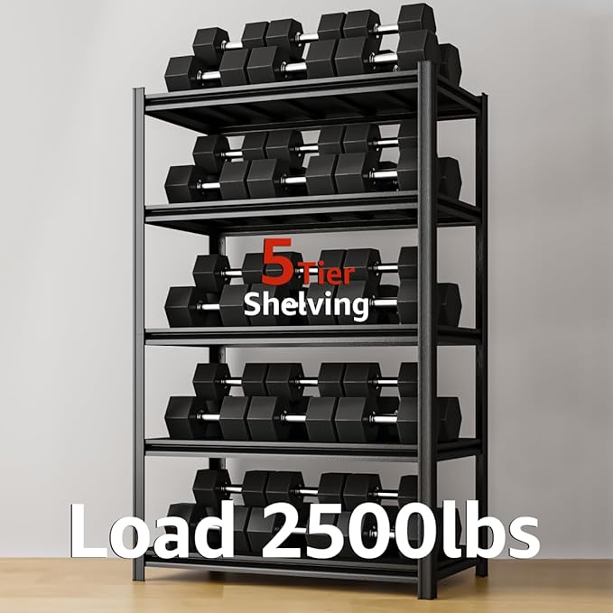36" W Father&I 5-Shelf-Rack Industrial Heavy-Dudy Adjustable Metal Garage Bin Storage Shelving Stant Shelves Units/Systems Organizer for Basement/Closet/Tote/Pantry, 72" H*36W *18" D, Black