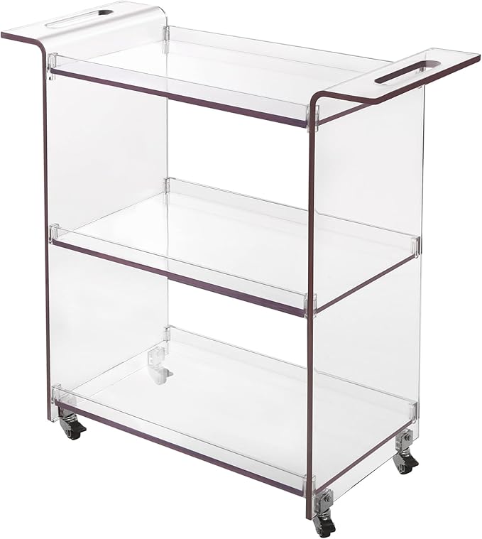 3-Tier Rolling Utility Cart with Wheels, 28×11.8×28.7In PC Rolling Serving Cart, Freestanding Trolley for Homes, Bars, Cafes