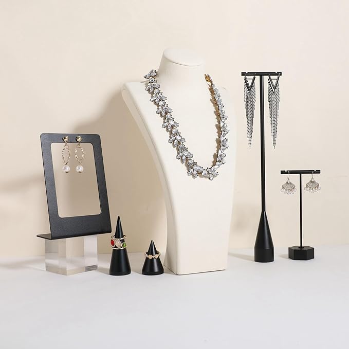 GemeShou Beige necklace storage organizer for sale, Velvet necklace holder stand, jewelry bust display stands, Jewelry Mannequin for Countertop, Showcase【Beige-Large height 12.4 inch】