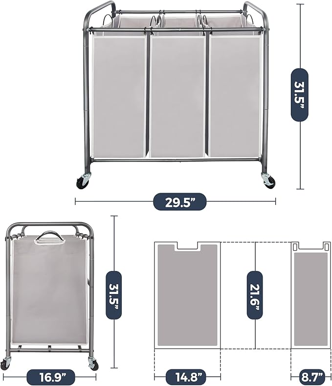 STO STO Laundry Sorter 3 Section, 3 Bag Laundry Hamper, Rolling Laundry Cart, Laundry Basket with Heavy Duty Lockable Wheels and Removable Bag for Clothes Storage, Gray