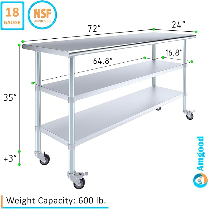 AmGood Stainless Steel Work Table with 2 Shelves and Casters | Metal Utility Table On Wheels (Stainless Steel Work Table with 2 Shelves + Casters, 72" Long x 24" Deep)