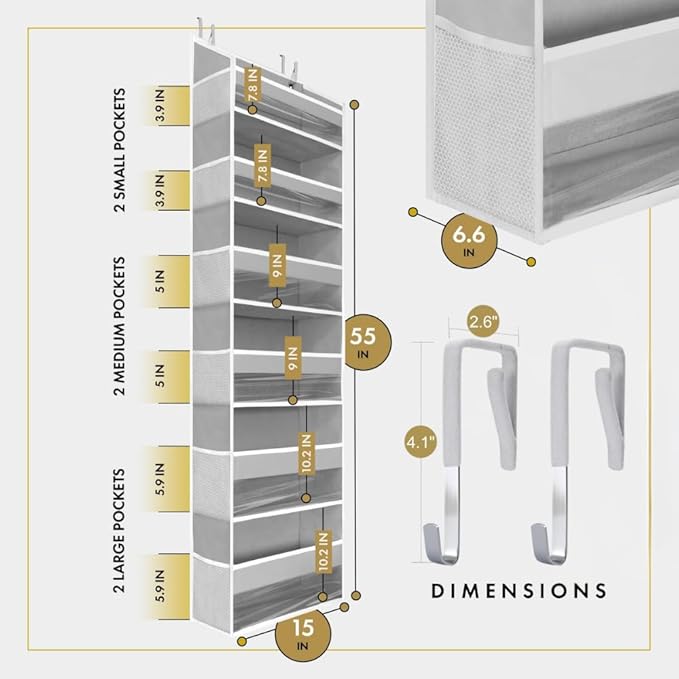 HOMELUX THEORY Over The Door Organizer Hanging - 50lbs Load 6 Large Front & 12 Side Pockets, 1 Pack Over The Door Shoe Organizer, Hanging Closet Organizer For Toys, Diaper, Purse, Sewing (Light Gray)