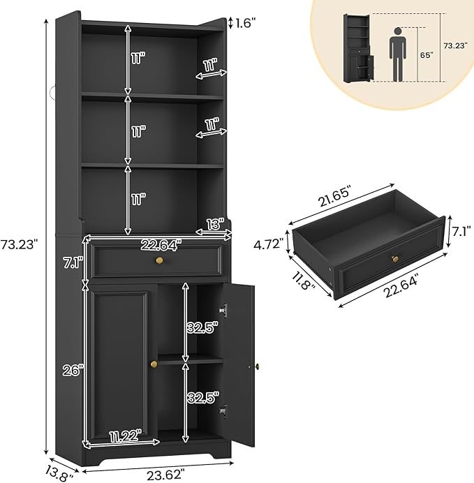 DICTAC Bookcase Set of 2 with Drawer and Doors 73.23''Tall Bookshelf with Storage Shelves Freestanding Storage Cabinet with Microwave Space storage Organizer for Home Office,Living Room,Bathroom,Black