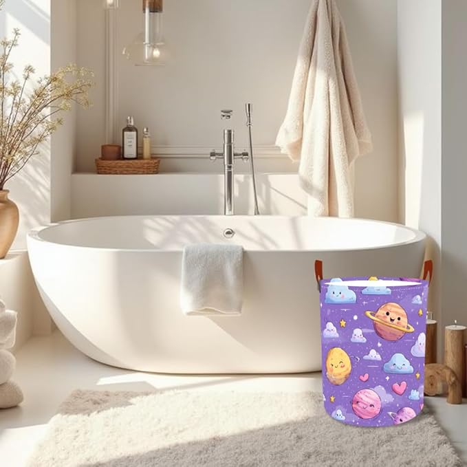 Laundry Baskets 15.7x19.7 Inch Large Cartoon Planets Clouds Design Collapsible Laundry Hamper with Handles Oxford Fabric Clothes Storage Bin Foldable Dirty Clothes Organizer for Bedroom Bathroom Dorm