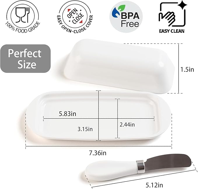 Butter Dish with Lid and Knife, Durable Countertop & Fridge Butter Keeper, BPA-Free Melamine Butter Container, Dishwasher Safe, Fits East/West Coast Butter Sticks (White)
