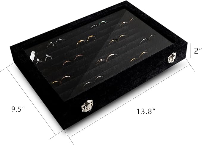Frebeauty Rings/Earrings Organizer Tray with Clear Lid 10 Slots Velvet Drawer Insert Jewelry Storage box with Transparent Glass lid Jewelry Display Case Showcase Gift for Girls Women (Black, 10 Slots)