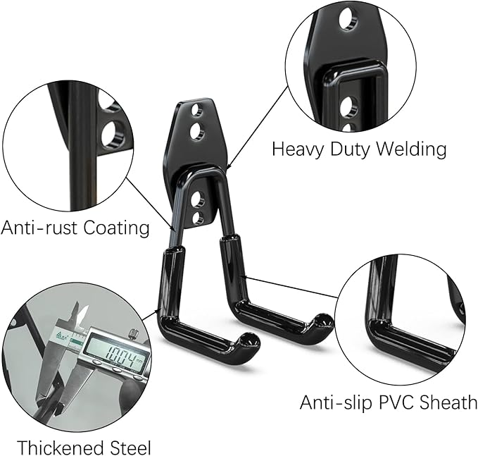 3-H Heavy Duty Garage Hooks 10 Pack, Garage Wall Hooks with Extra Welding Spots,Wall Mount Storage Organizer for Hanging Garden Lawn Tools, Chair, Shovel, Blower (Black)