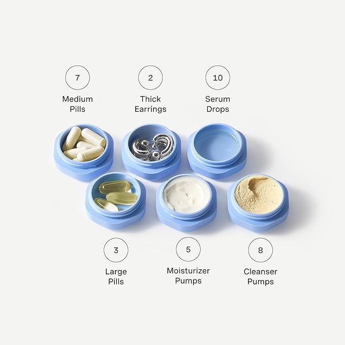 Cadence Travel Containers Basic Skincare Set - Magnetic Containers with Lids,Carry On Travel Essentials For Women/Men - 3 Small Capsules (0.56oz) - Cleanser, Moisturizer & Sun-Icon Labels - Pacific