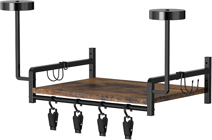 OYEAL Motorcycle Helmet Holder Wall Mount, Rustic Helmet Display Rack with Hooks, Storage Shelf, 4 Glove Clips for Motorcycle Gear Accessories Storage, Brown