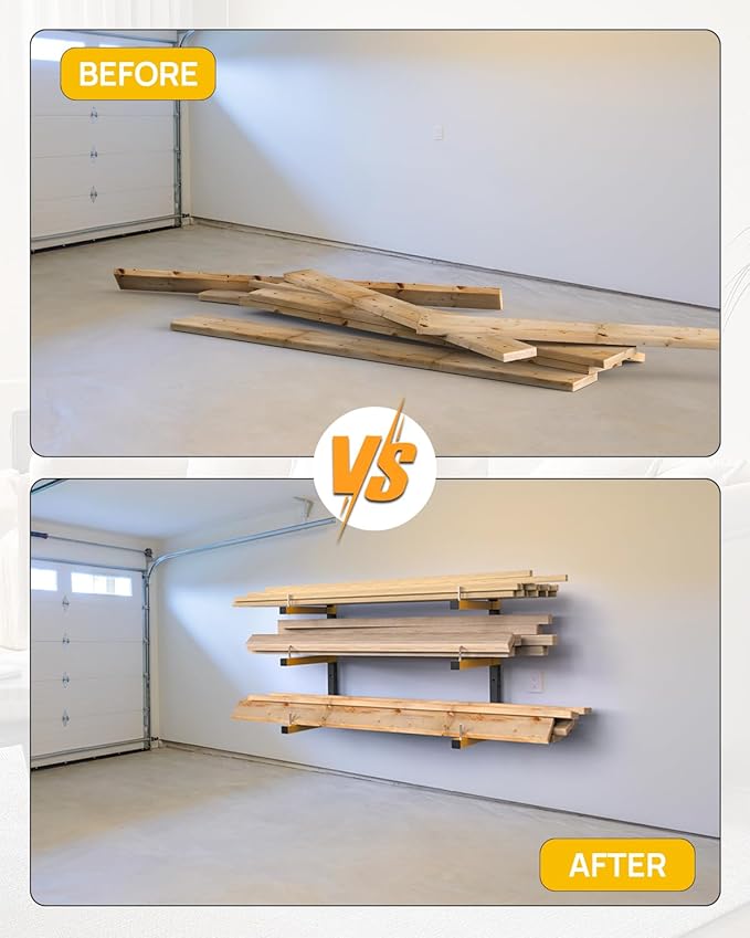 Lumber Rack Wall Mount Storage Racks Folding Wood Organizer Heavy Duty Shelf Brackets With 3-Level 360 Lbs Capacity Yellow Metal Utility Racks Garage Wall Shelving for Indoor and Outdoor Use (2 Pack)