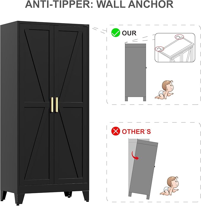 71" Tall Metal Wardrobe Closet with Adjustable Shelves and Hanging Rod, 2 Doors Free Standing Armoire Wardrobe Cabinet for Bedroom, Office, Laundry Room, Black