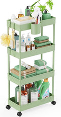LEHOM Slim Rolling Storage Cart - 4 Tiers Bathroom Organizer Utility Cart Slide Out Storage Shelves Mobile Shelving Unit for Kitchen, Bedroom, Office, Laundry Room, Small Narrow Spaces, Green