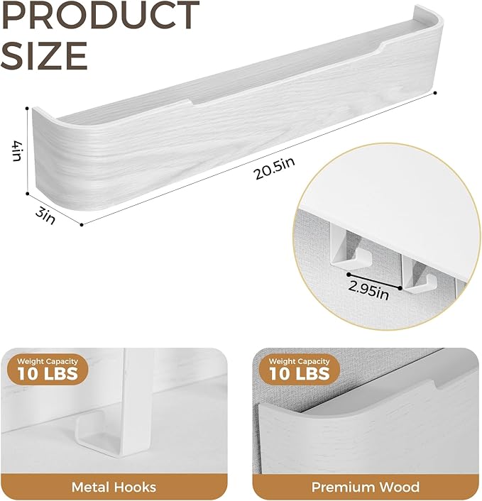 Wall Coat Rack Floating Shelves Modern Coat Rack Wall Mount with Storage Entryway Shelf Wooden Hanger 20 Inch 4 Hidden Metal Hooks for Living Room Bedroom (White, 5 Hooks)