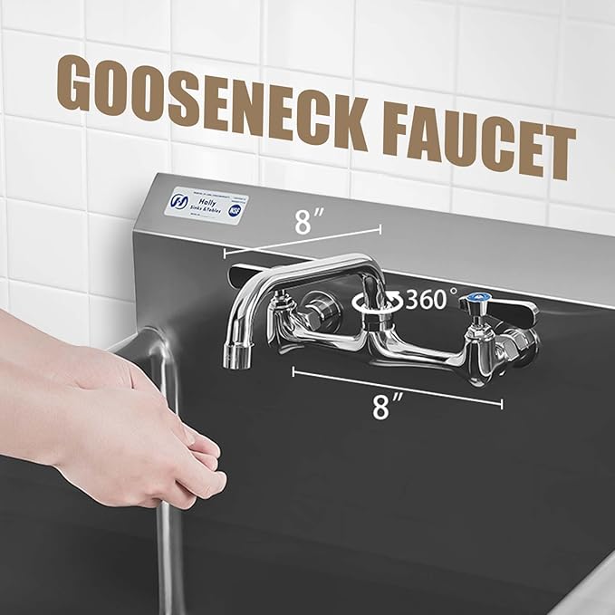 HALLY Commercial Stainless Steel Sink 1 Compartment NSF Prep & Utility Sink with 8" Faucet 24" L x 24" W x 12" D Bowl for Bar, Restaurant, Kitchen, Hotel and Home